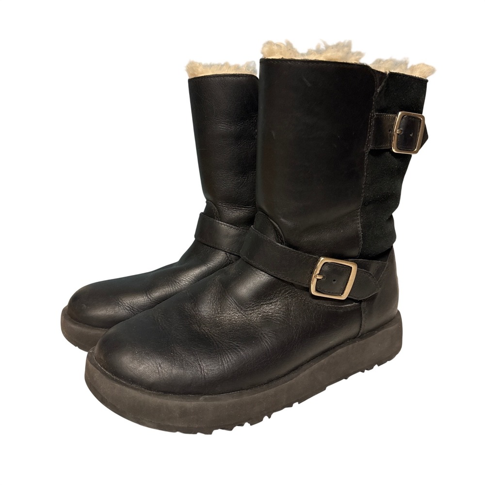 UGG Simmens Black Leather Suede Waterproof Moto Boots 1017512 Womens 9